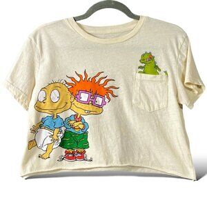 Nickelodeon Rugrats T-Shirt Womens Sz S Ivory Graphic Short Sleeve Pocket Crop